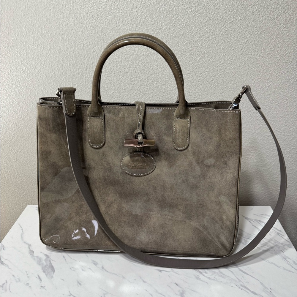 Longchamp Gray Patent Leather Roseau Tote Handbag